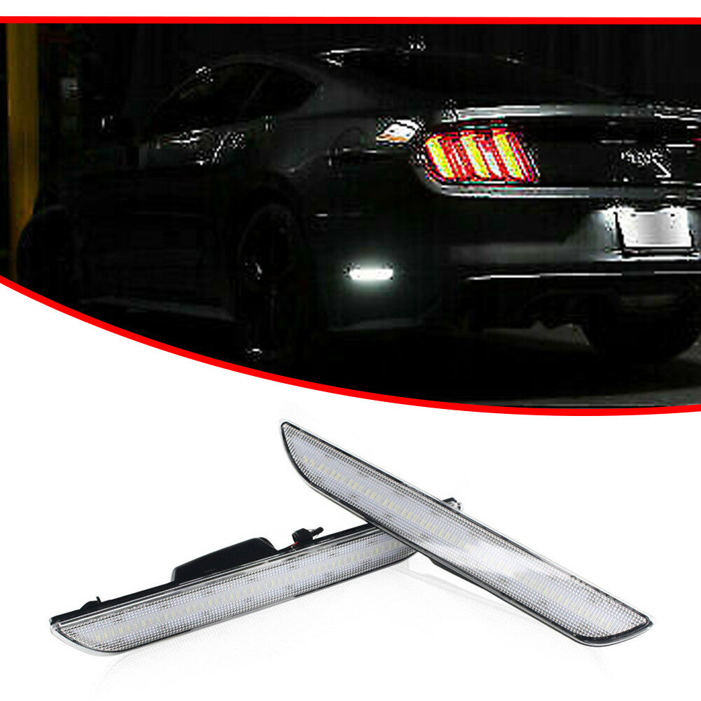 Transparent lens, white LED, rear marker light/reflector suitable for Mustangs 2015 and older.