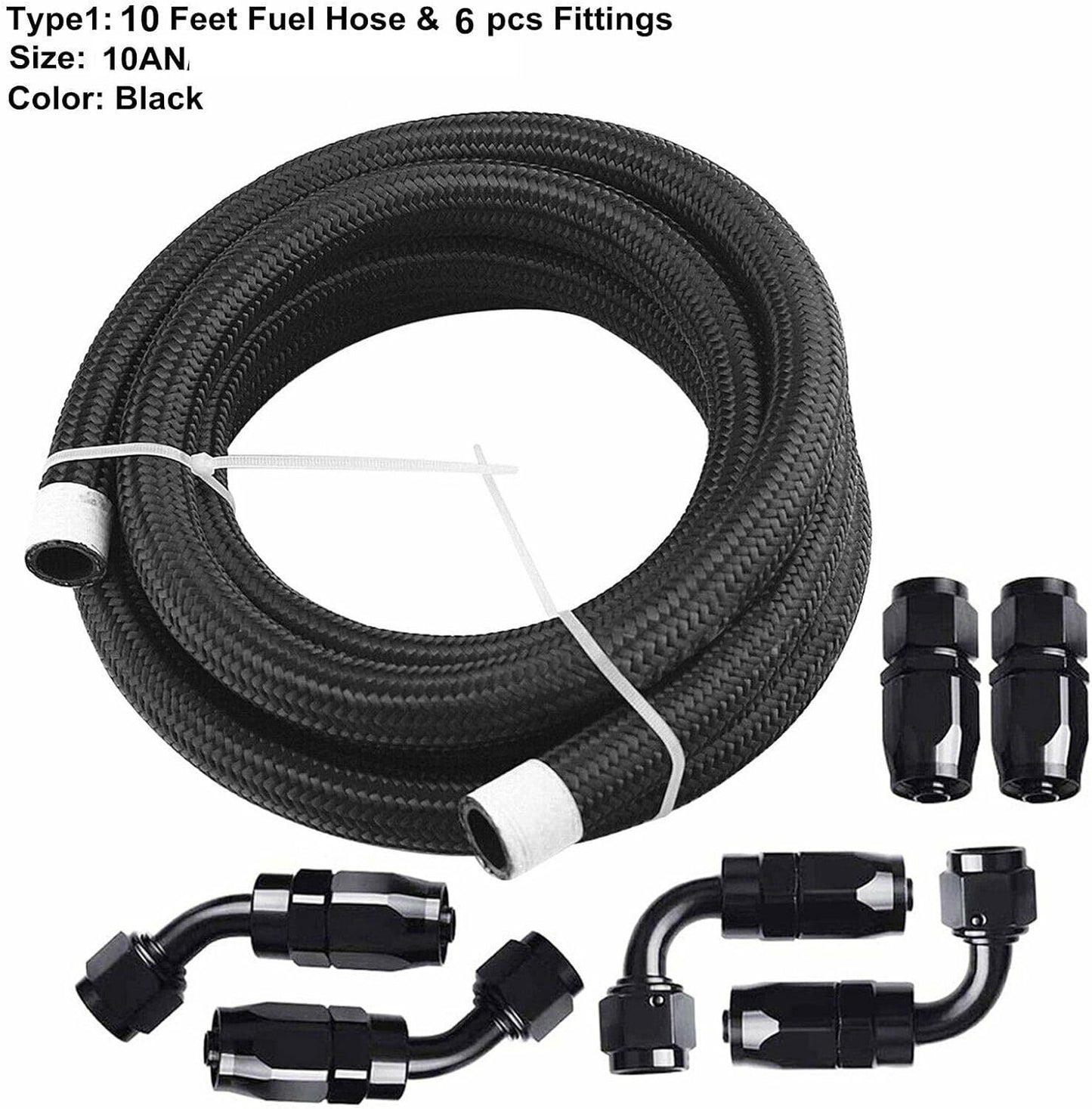 AN10- 10AN Fitting Stainless Steel Nylon Braided Oil Fuel Hose Line 10FT Kit Blk