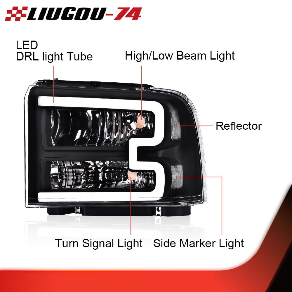 LED DRL headlights, clear/black, suitable for Ford F250, F350, F450, F550. 05-07 Super Duty