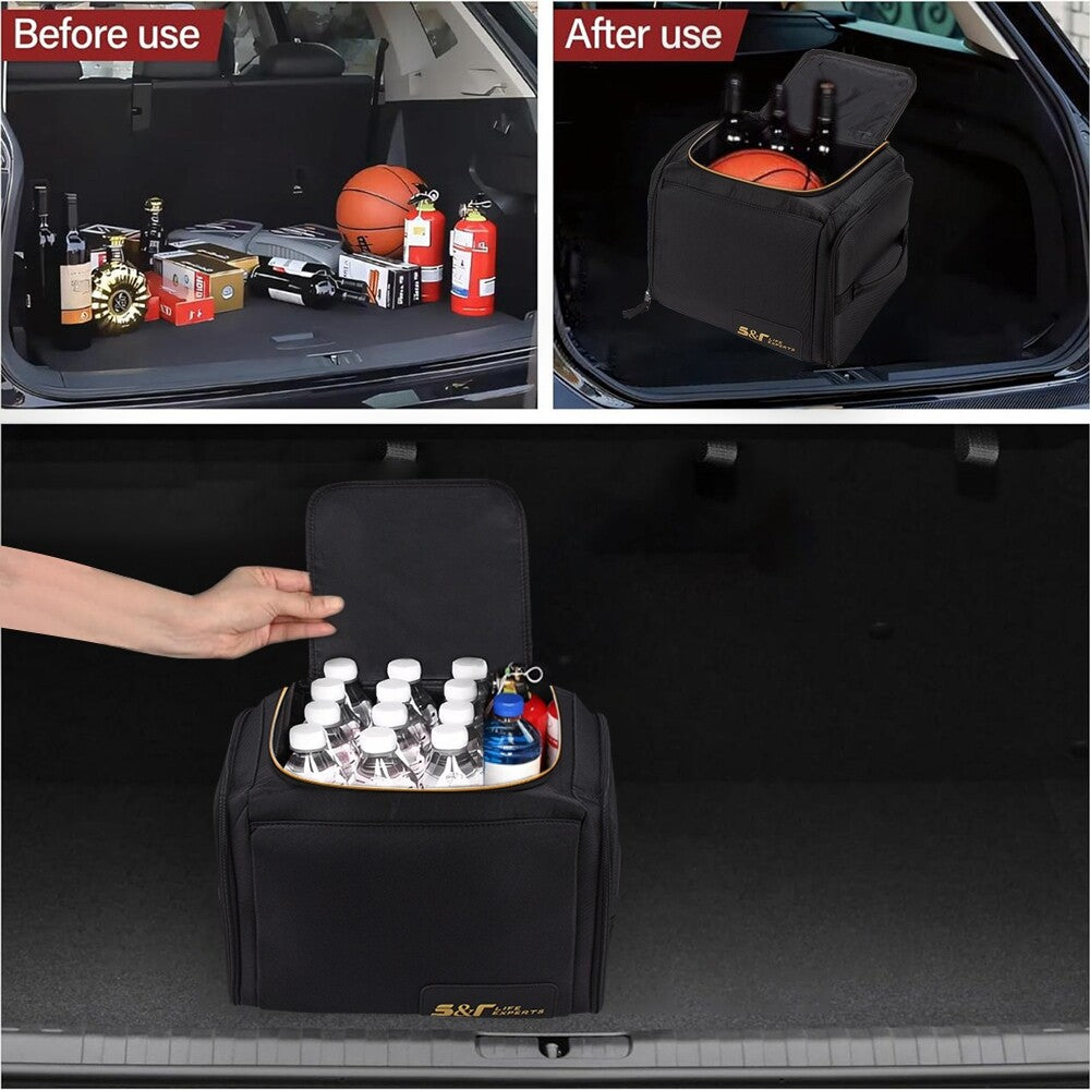 Car Trunk Organizer with Lid Sturdy Handle Cargo Storage Compartment Bag Black