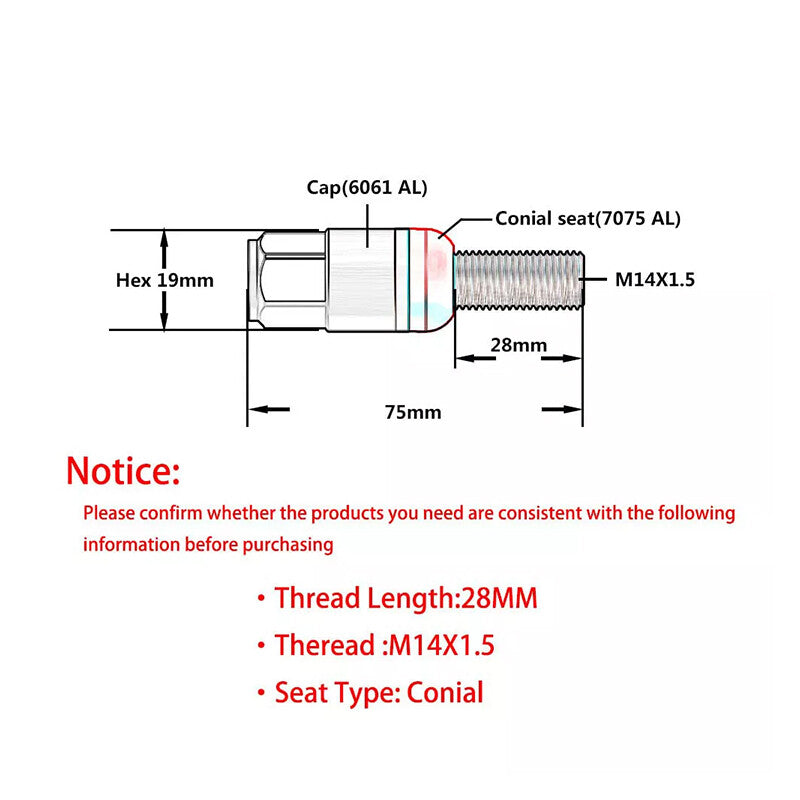 20PCS 28mm M14x1.5 Wheel Lug Bolts Cone for Seat Studs Set for Most Aftermarket