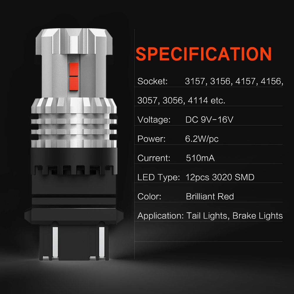AUXITO 3157 Red LED Brake/Taillight Bulb High-Power CANBUS Error None
