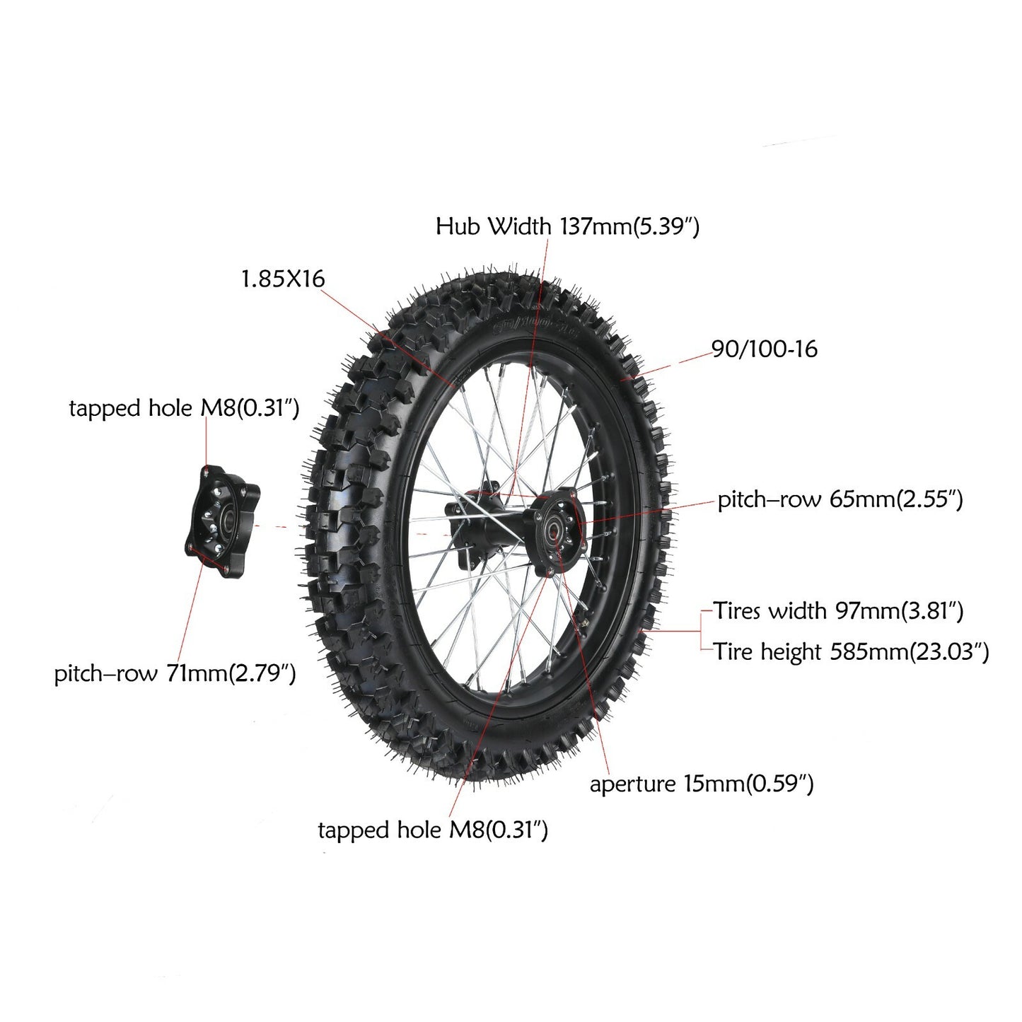 90/100-16 Rear Tire Rim + Sprocket for Dirt Pit Bikes TTR125 KX100 CRF100