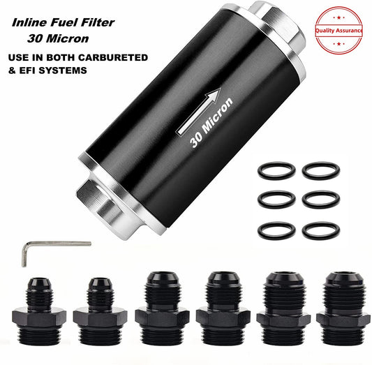 Inline fuel filter 30 microns with 6/8/10AN adapter and bracket clip 50mm universal