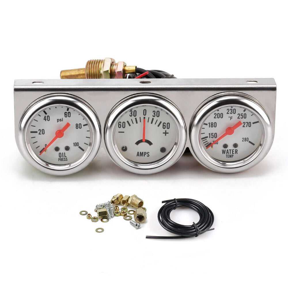 Universal 2 52mm Chrome Volt Water Oil Pressure Triple 3 Gauge Set Gauges Kit