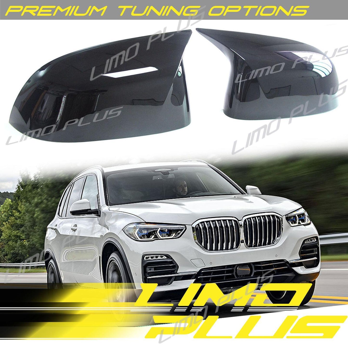 A pair of glossy black mirror-finish protective cases for BMW X3 G01 X4 G02 X5 G05 G06 X7 G07