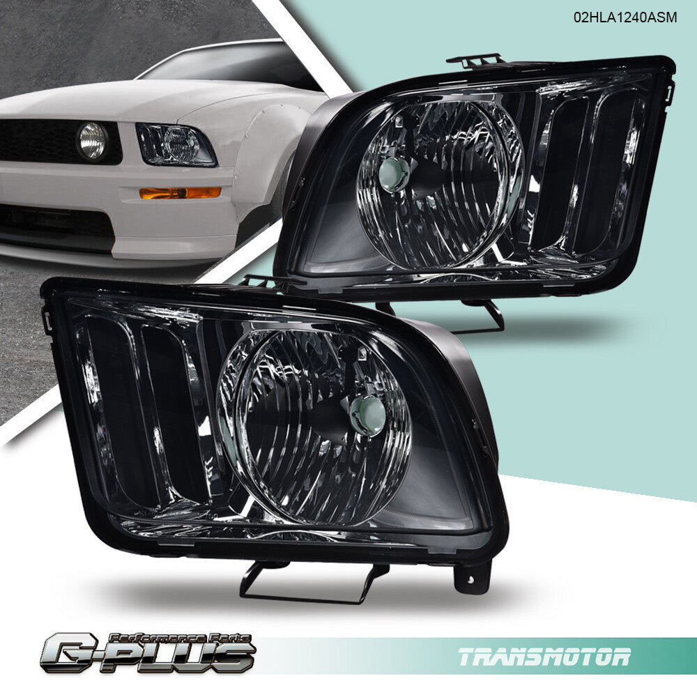 Replacement headlights (left/right, smoke/black) for 2005-2009 for Ford Mustangs.