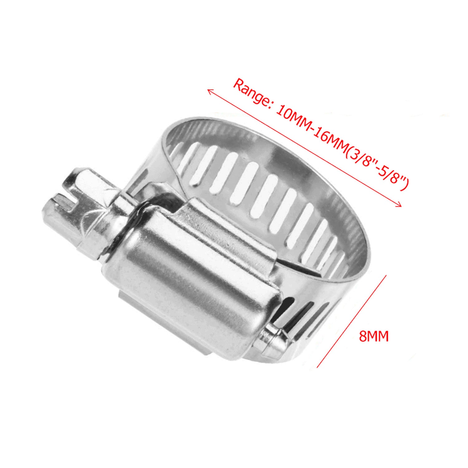 50-pack of hose clamps, 3/8 inch to 5/8 inch adjustable steel strap worm clamps, 304S fuel line clamps.