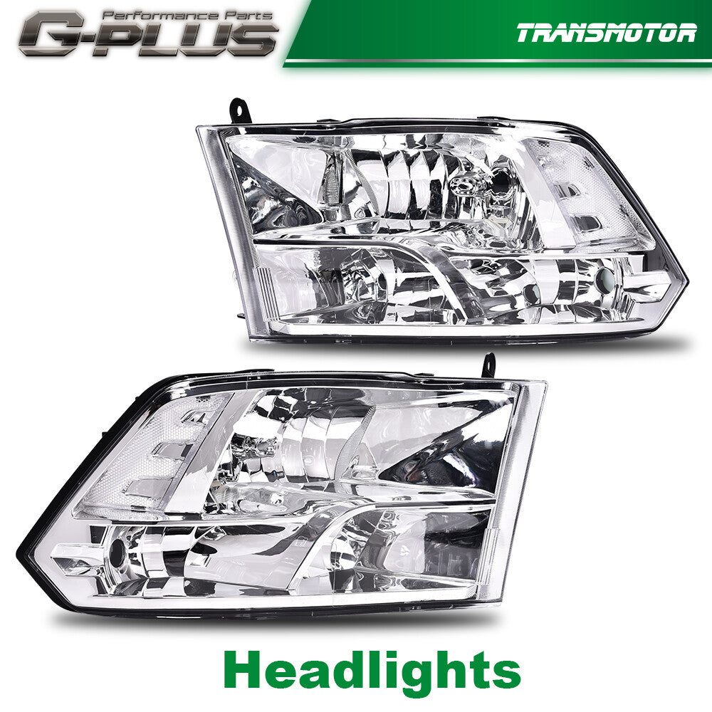 Fits 09-18 for Ram 1500 - 3500 chrome-encased transparent corner headlights.