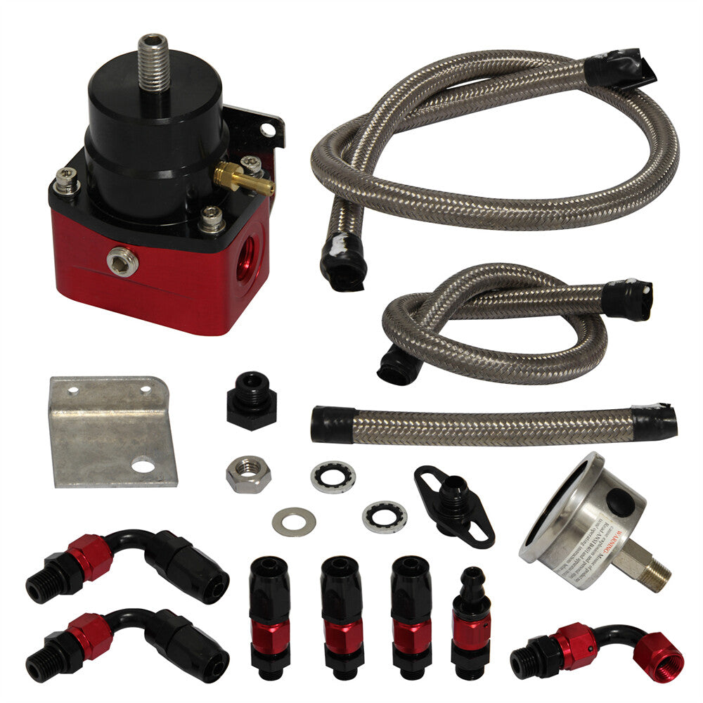Adjustable Fuel Pressure Regulator Kit Gas / Oil Gauge AN6 Line Hoses Black