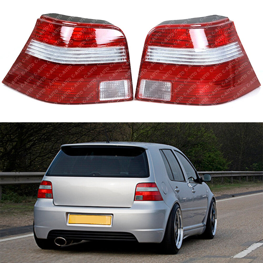 A pair of taillights without bulbs for Volkswagen for Golf 4 MK4 models from 1998 to 2005.