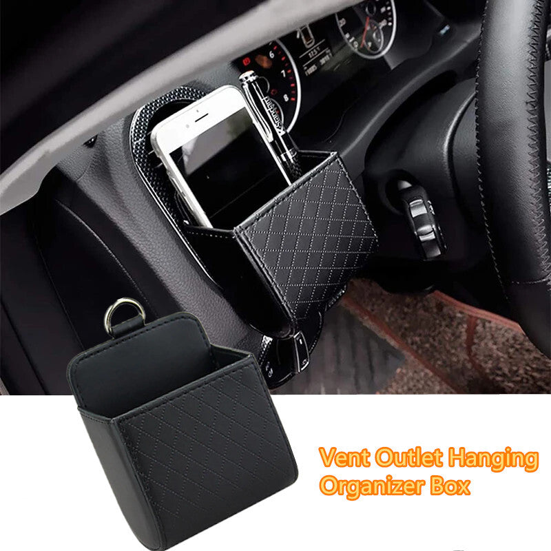 Car Air Vent Hanging Hook Storage Bag Black Leather Organizer Phone Holder Box