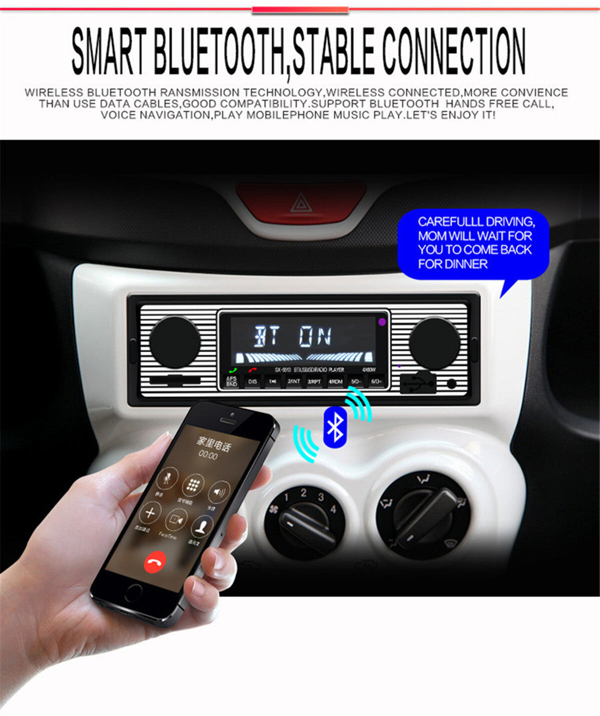 Bluetooth Vintage Car FM Radio MP3 Player USB Stereo Audio Receiver AUX 1 Din