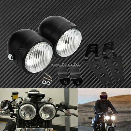 Black Twin Headlight Motorcycle Double Dual Lamp Mount Street Fighter Universal