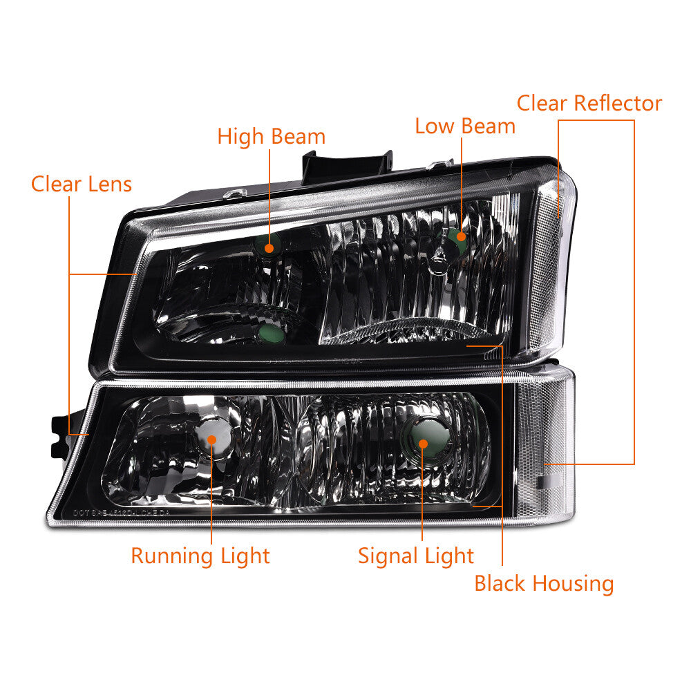 Suitable for 2003-2006 for Chevrolet Silverado with transparent black corner headlights and taillights.