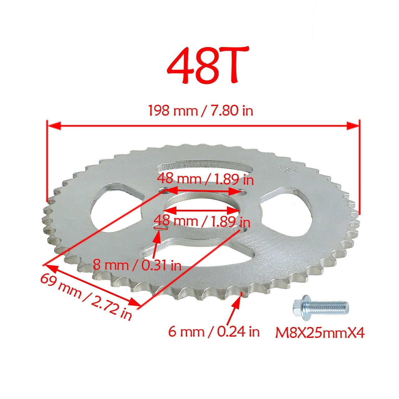 Rear sprocket 48T teeth suitable for 420 chain go-karts, ATVs, drift tricycles, and for mini bikes.