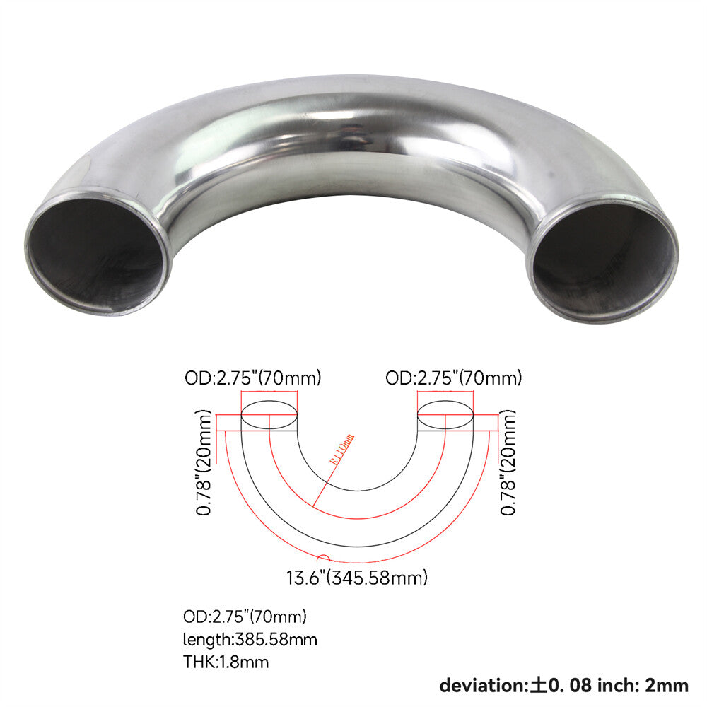70mm 2.75 Aluminum Intercooler Intake Pipe Piping Tube hose 180 Degree Silver