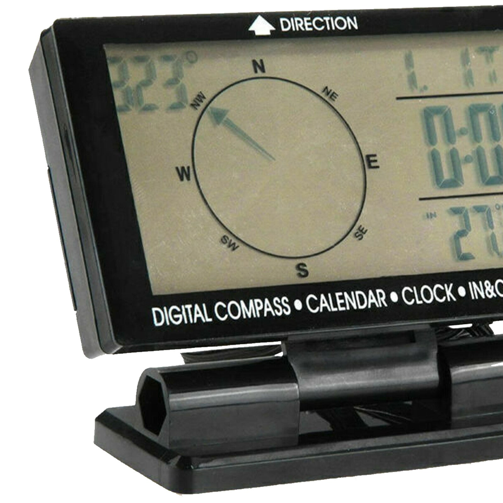 In-car digital compass, 4.6-inch LCD screen with blue LED, clock, thermometer, and calendar.