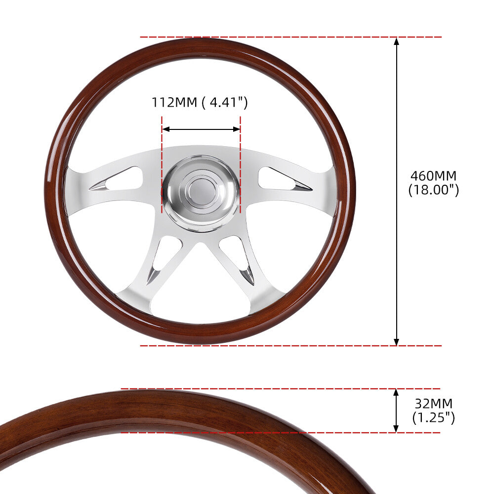 18 Wood Steering Wheel Chrome 4 Spoke for Freightliner / for Kenworth / for Peterbilt / for Volvo