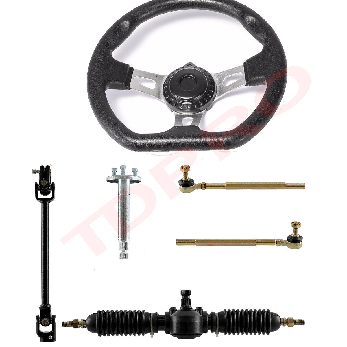 Front steering wheel assembly, go-kart tie bar, bracket axle, main shaft, wheel hub, all-terrain vehicle four