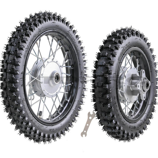 12-inch and 10-inch wheels, front 60/100-12, rear 80/100-10 tires, rims, dirt pits, bicycle CRF50 70