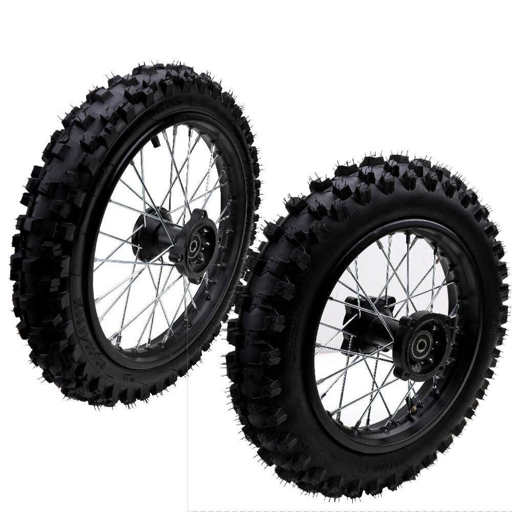 Front 60/100-14, Rear 80/100-12 tires and rims suitable for 90cc and 110cc Pro Monkey Pit bicycles.