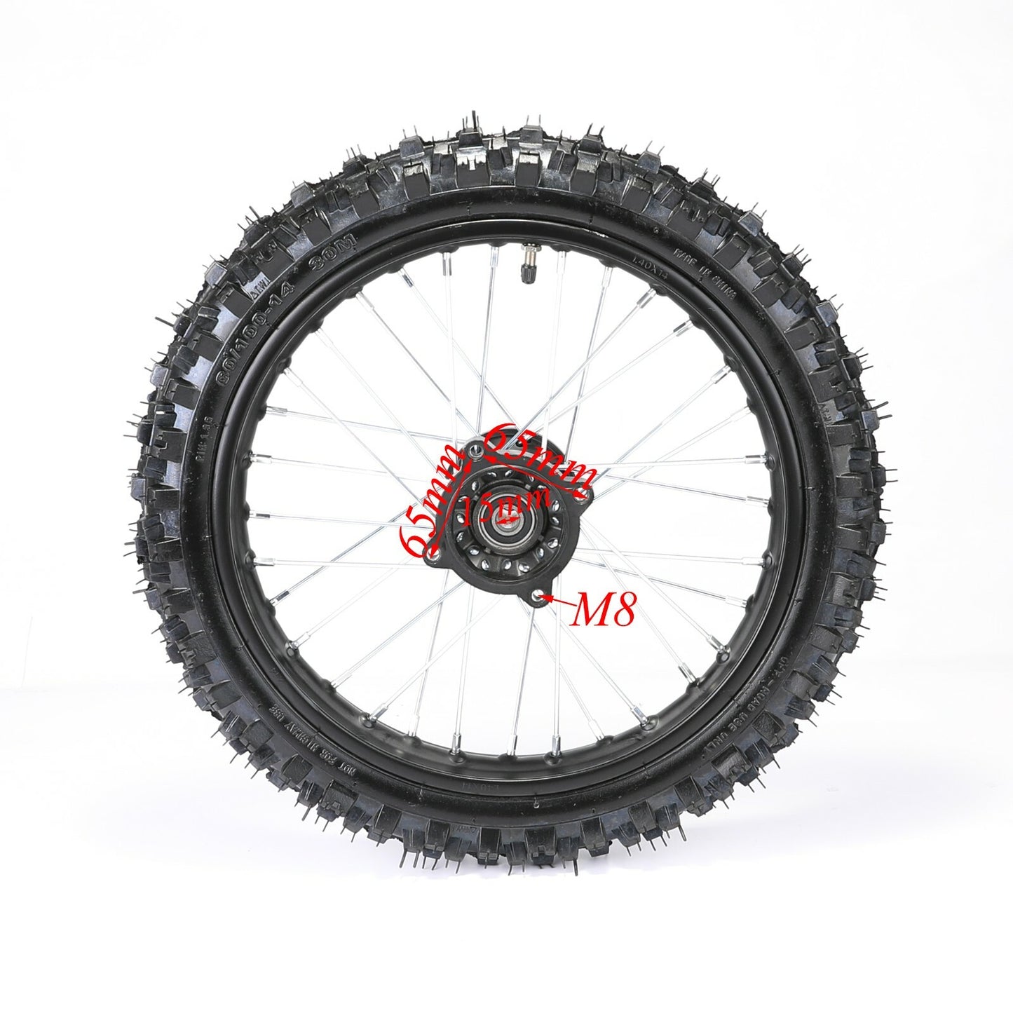 Front 60/100-14 and rear 80/100-12 tires and rims for the KX65 SSR 125cc CRF70 bicycle.