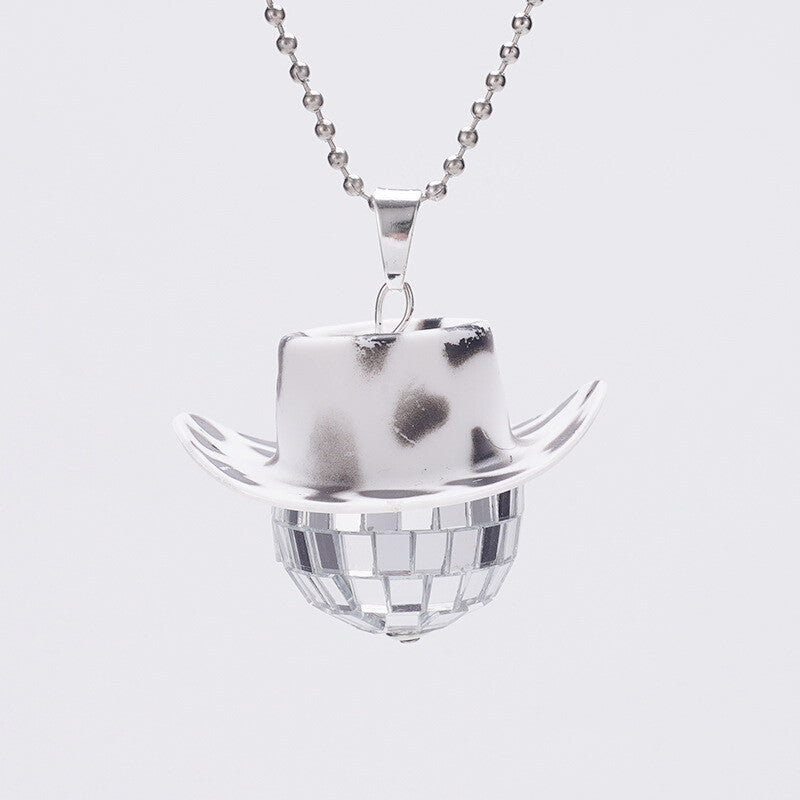 Cowboy Hat Disco Ball Car Ornamen Rearview Mirror Hanging Acessory Cow White