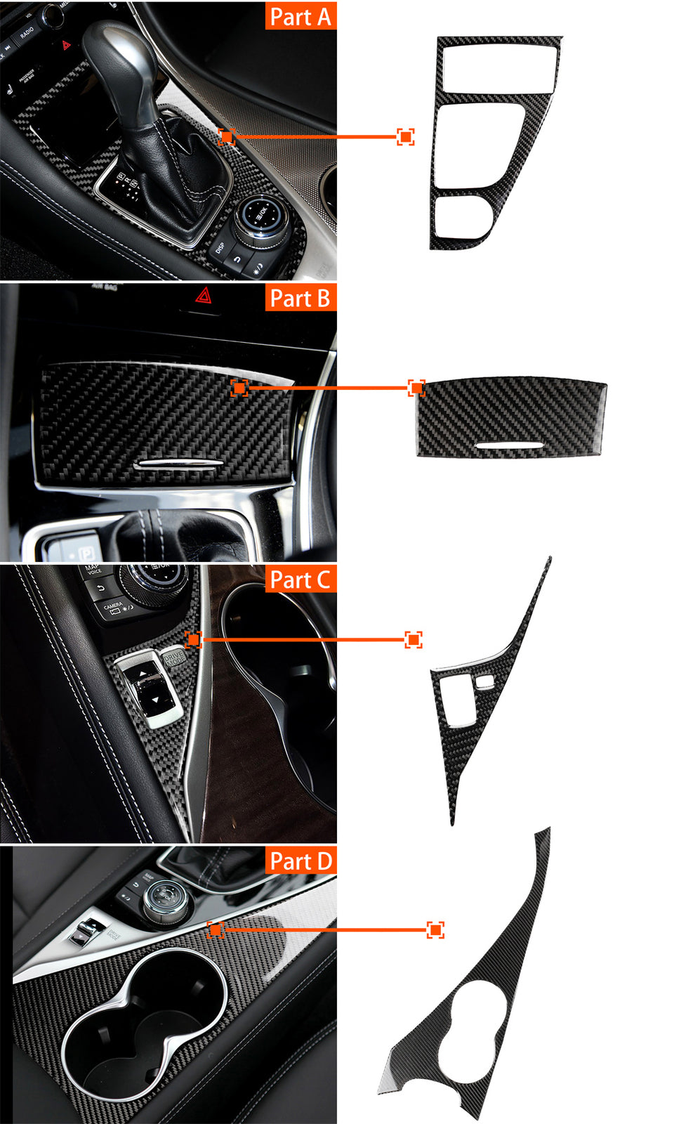 4¡ÁCarbon Fiber Water Cup Holder Gear Shift Panel Trim for Infiniti Q50 Q60 2014+