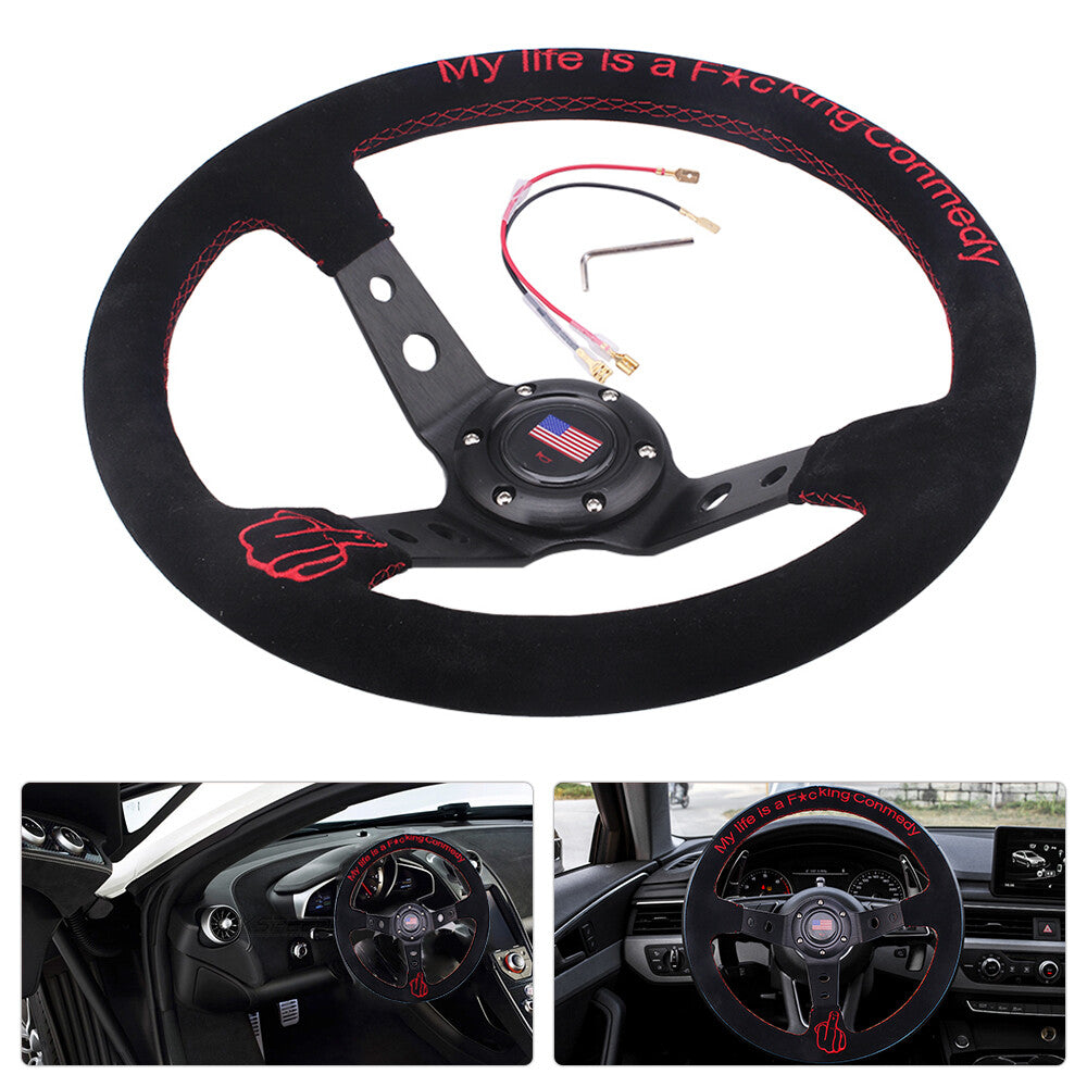 345mm Deep Dish Racing Suede Steering Wheel Middle Finger w/ Quick Release Kit