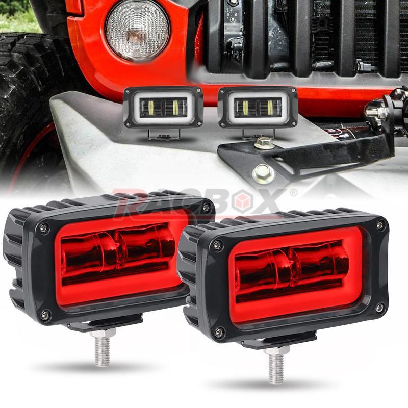 2X 4inch White LED Work Light Bar DRL Red Halo Driving Fog Pods Off Road SUV ATV