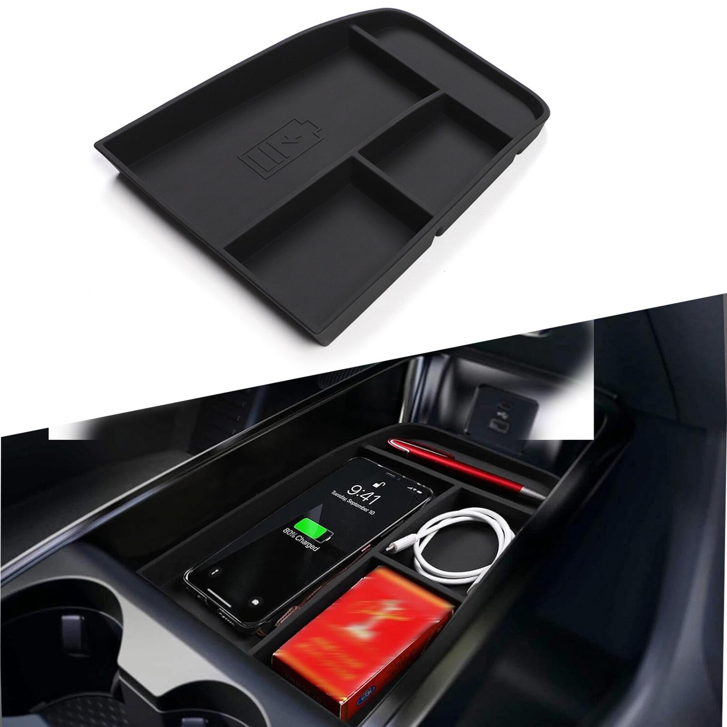 Center console storage + phone charging anti-slip design, suitable for 2021-24 for Ford for Mustang Mach-E.