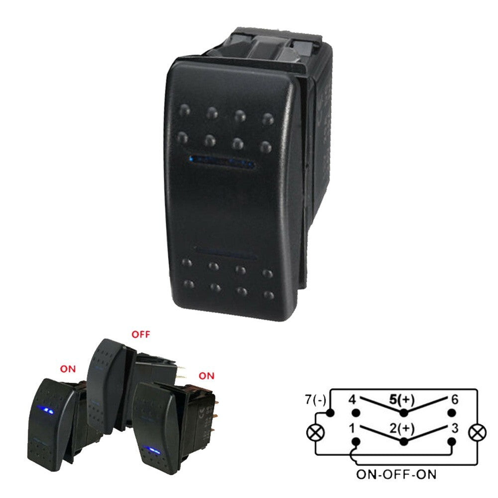 1 Blue LED rocker switch, 7-pin DPDT, 3-way 12-24 volt waterproof for cars and boats.