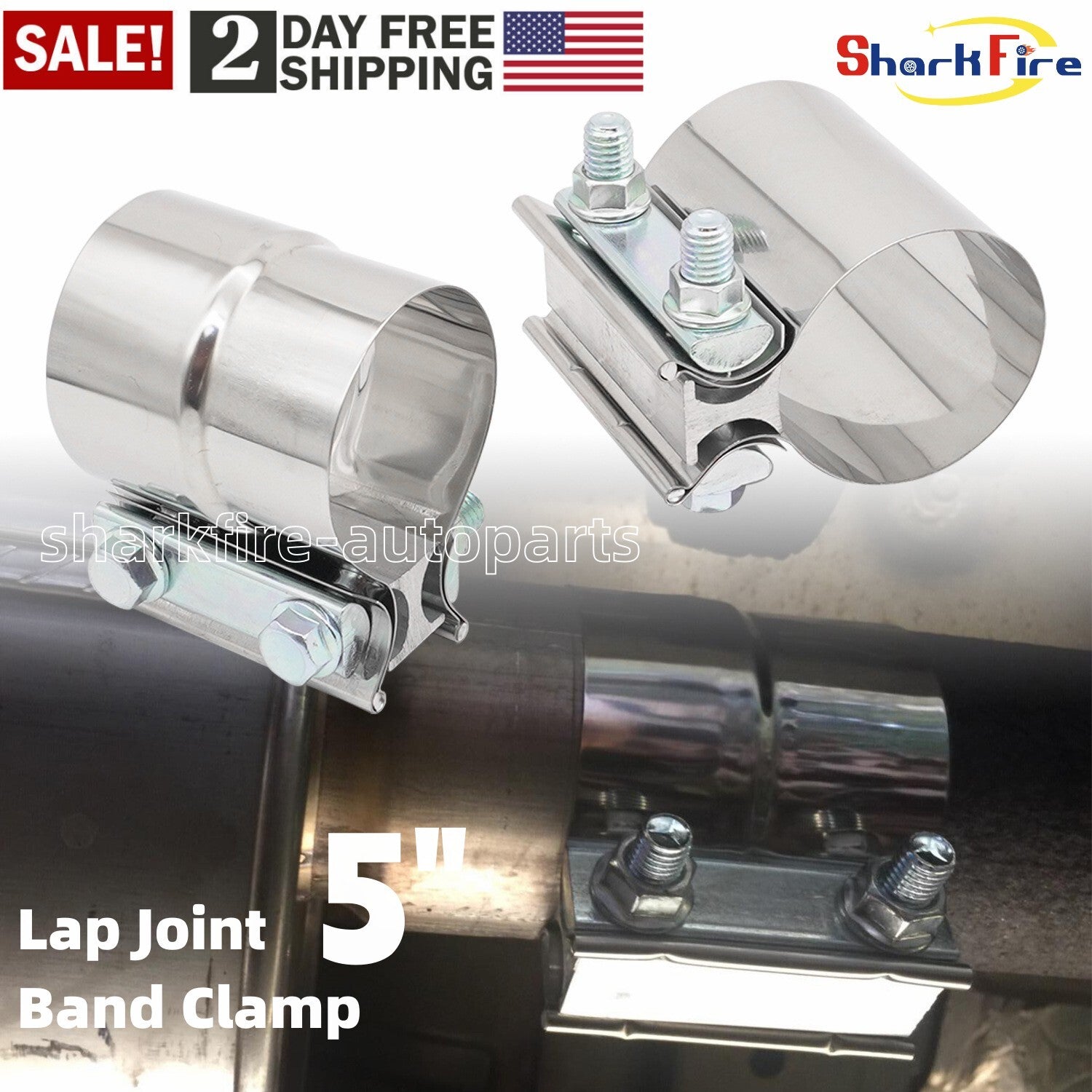 2x5 inch exhaust clamps, exhaust clamps with 5-inch ring connectors, exhaust pipe clamps