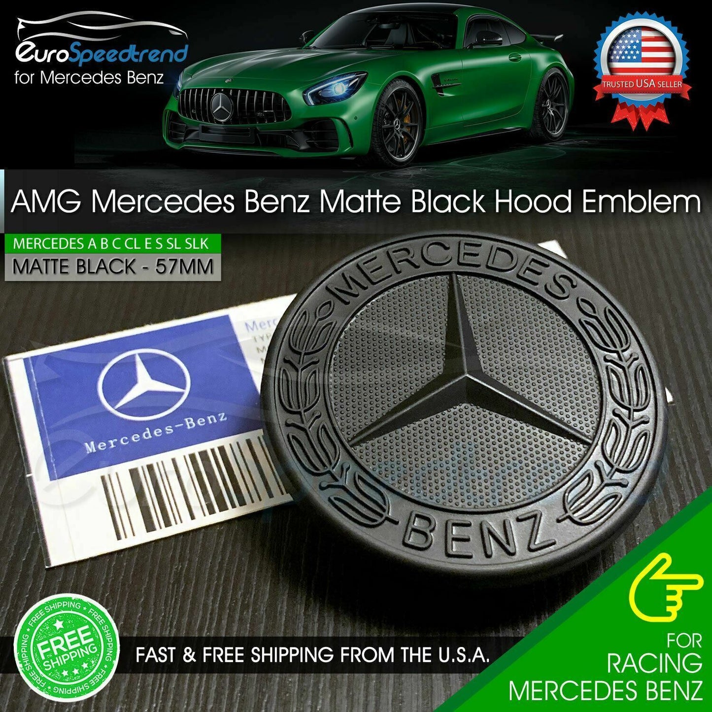 AMG front grille badge, matte black, flat laurel wreath badge, 57mm C