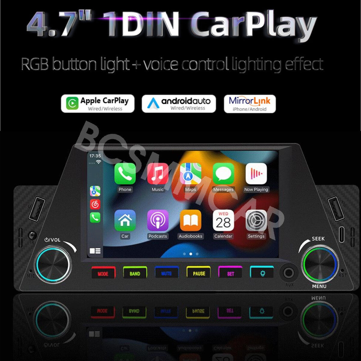 Car Stereo Radio For Apple Carplay Android Auto 4.7in 1Din Colorful Lights RDS
