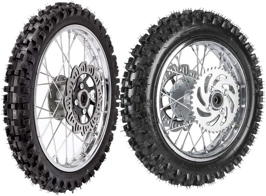 Front 60/100-14 + Rear 80/100-12 tires and rims (Fo), disc brakes (CRF50 XR70 PW80-).