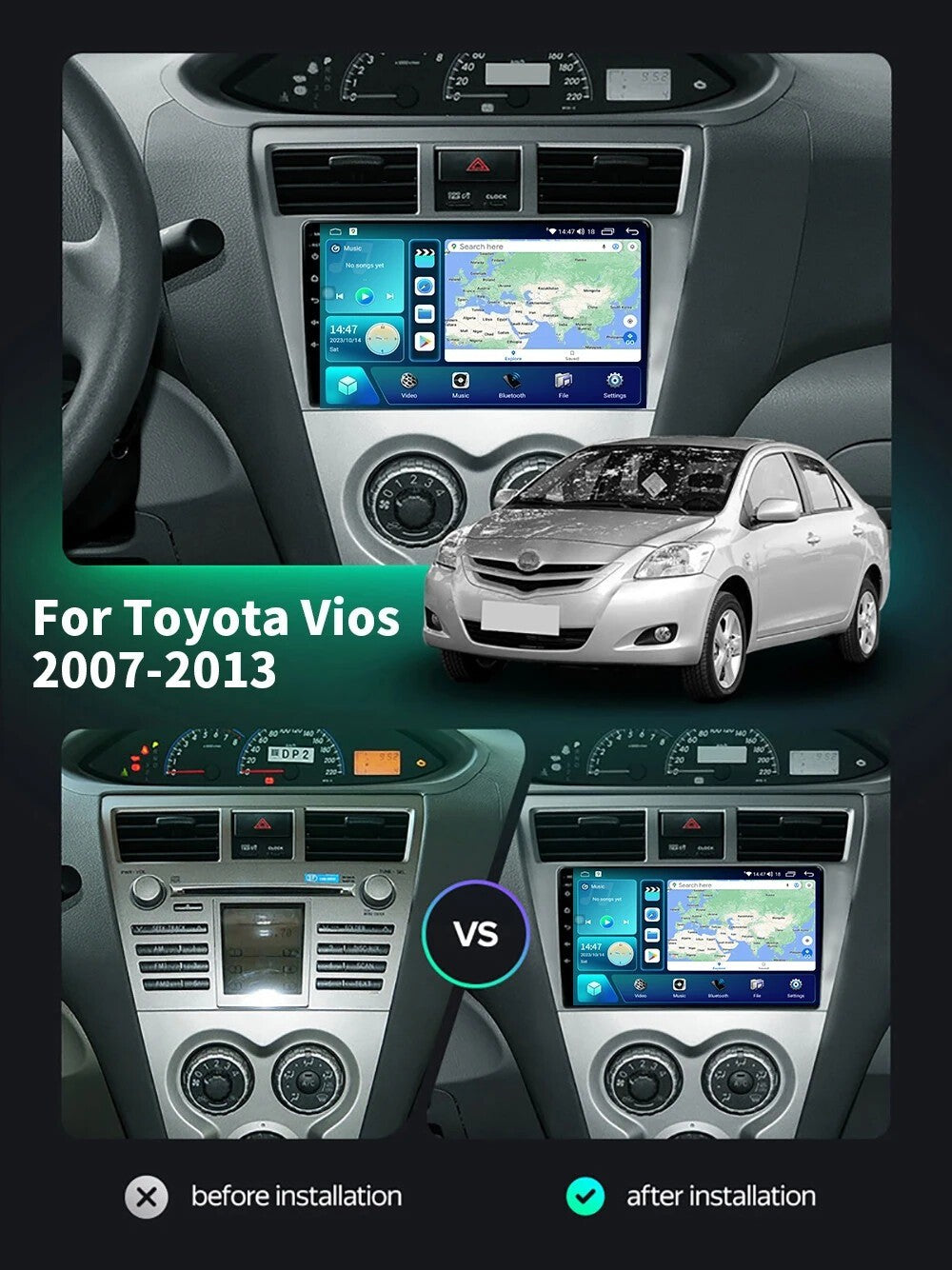 Car Radio CarPlay for Toyota VIOS Yaris 2007-2013 Android GPS Multimedia Screen