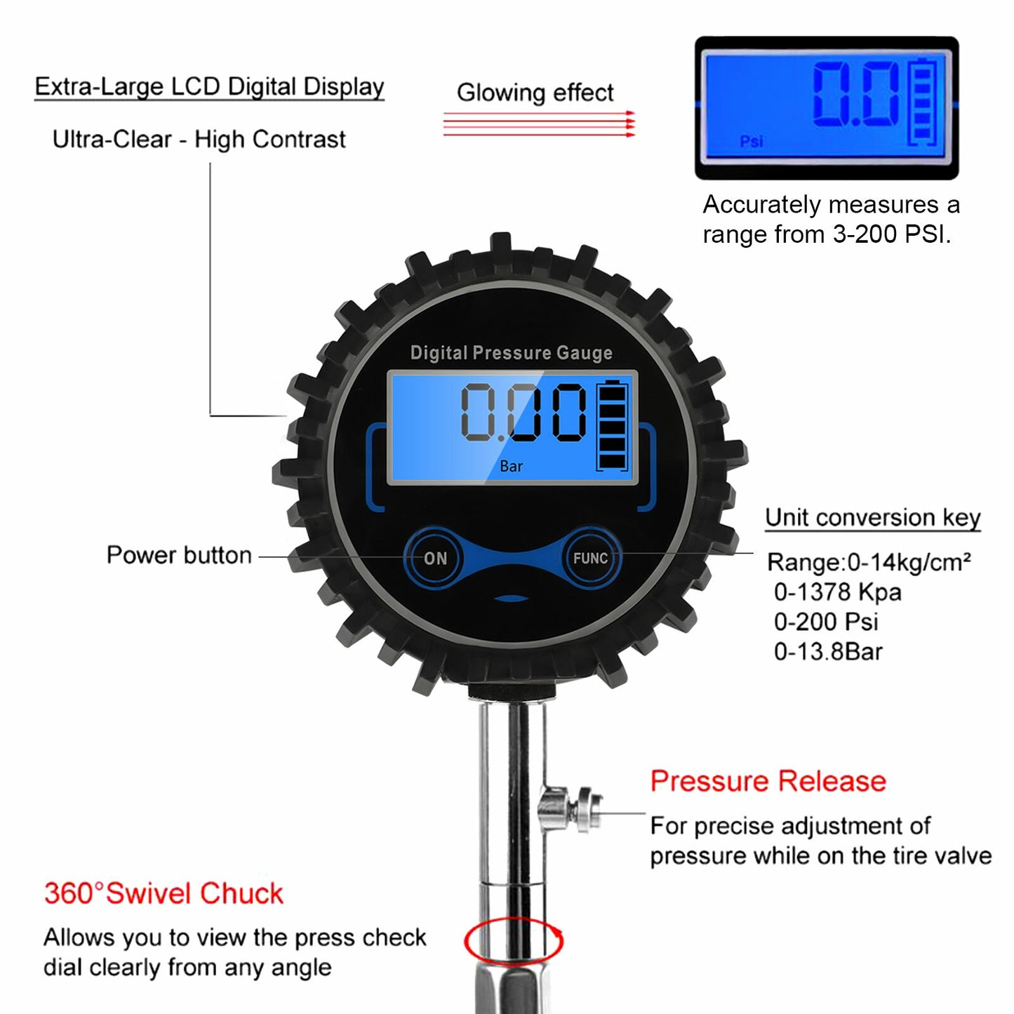 Digital Precision Tire Pressure Gauge 200PSI - Instrument Tester for Trucks, Cars, and Bicycles