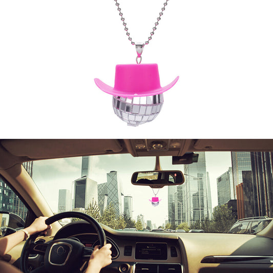Cowboy Hat Disco Ball Car Ornamen Shiny Rear View Mirror Hanging Acessory Pink