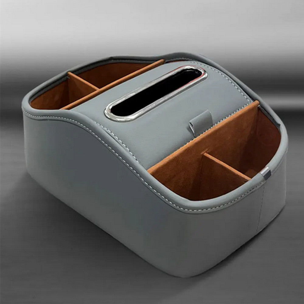 Car Organizer Tissue Holder Gray Leather Center Console Storage Box Cup Holder