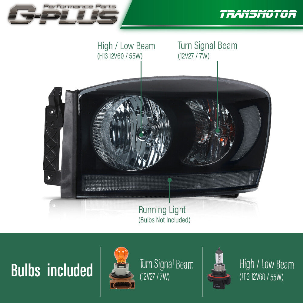 Suitable for 2006, 2007, and 2008 for Dodge for Ram 1500, 2500, and 3500 models. Smoke lens black headlights.