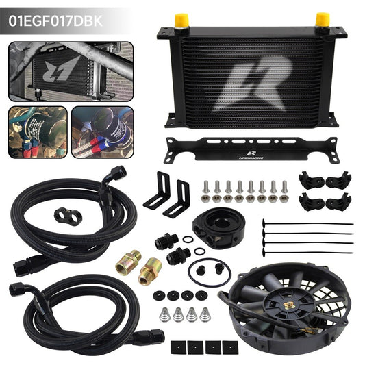 LR 25 Row AN10 Oil Cooler Kit+Filter Adapter Hose Kit +7 Electric Fan Kit Black