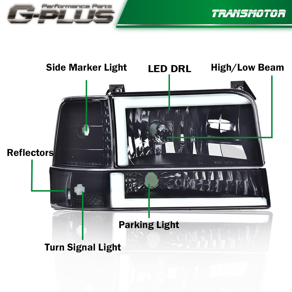 6-piece dual LED DRL headlight corner/bumper kit suitable for 1992-1996 for Ford F150 F250 F350