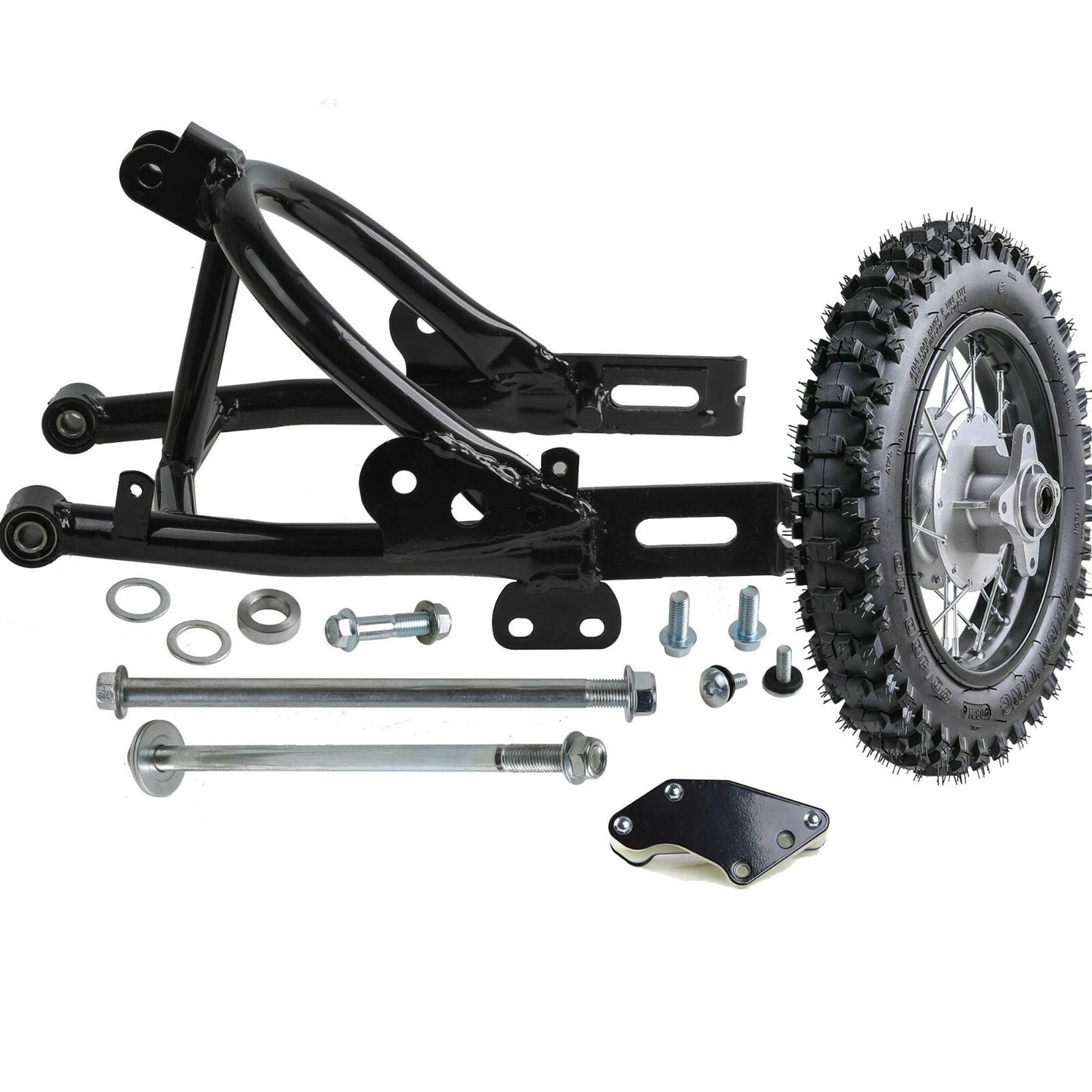 10-inch rear wheel, 80/100-10 tire, rim + swingarm for Dirt Pit bikes 50cc, 70cc, 110cc