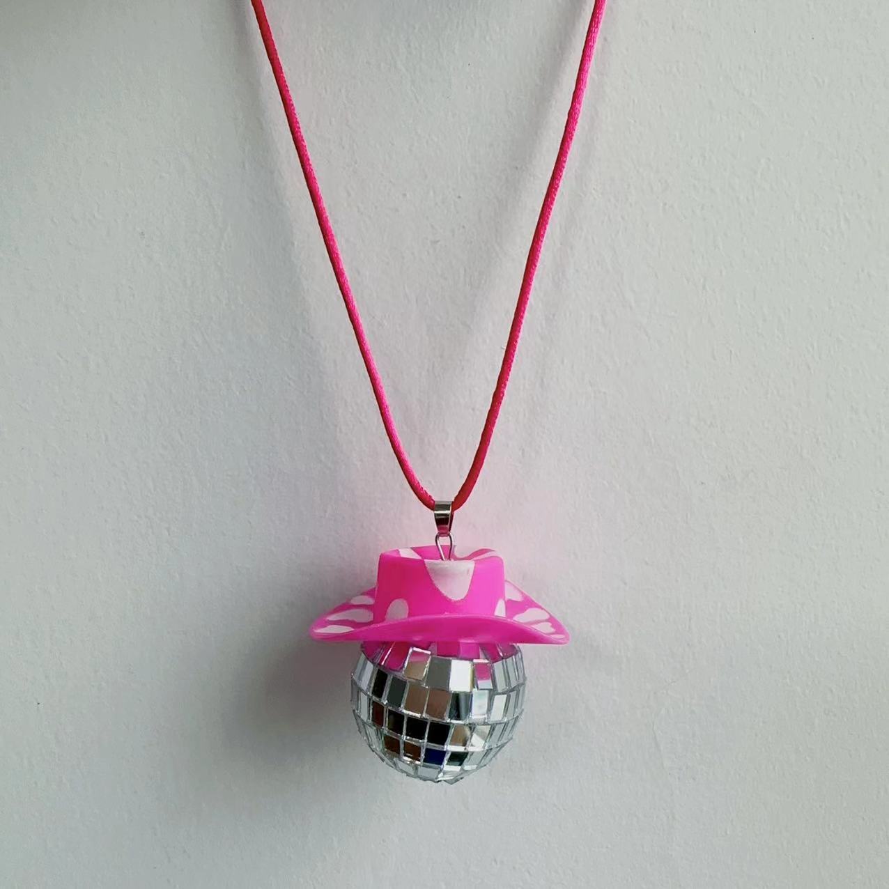 Cowboy Hat Disco Ball Car Ornamen Rearview Mirror Hanging Acessory Rope Cow Pink