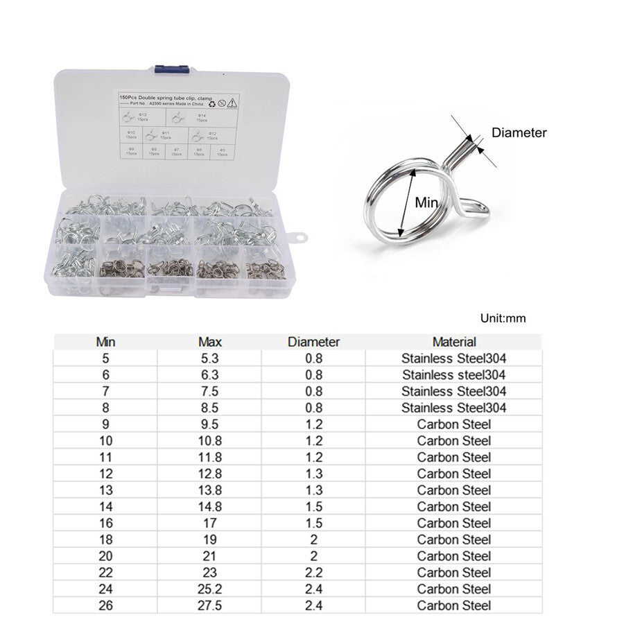 Double Wire Fuel Line Hose Tube Spring Clip Clamp Stainless Steel Assortment Kit