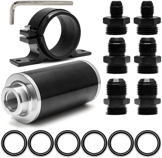 Aluminum straight-through fuel filter with support, cleans up to 100 microns, suitable for AN6, AN8, AN10