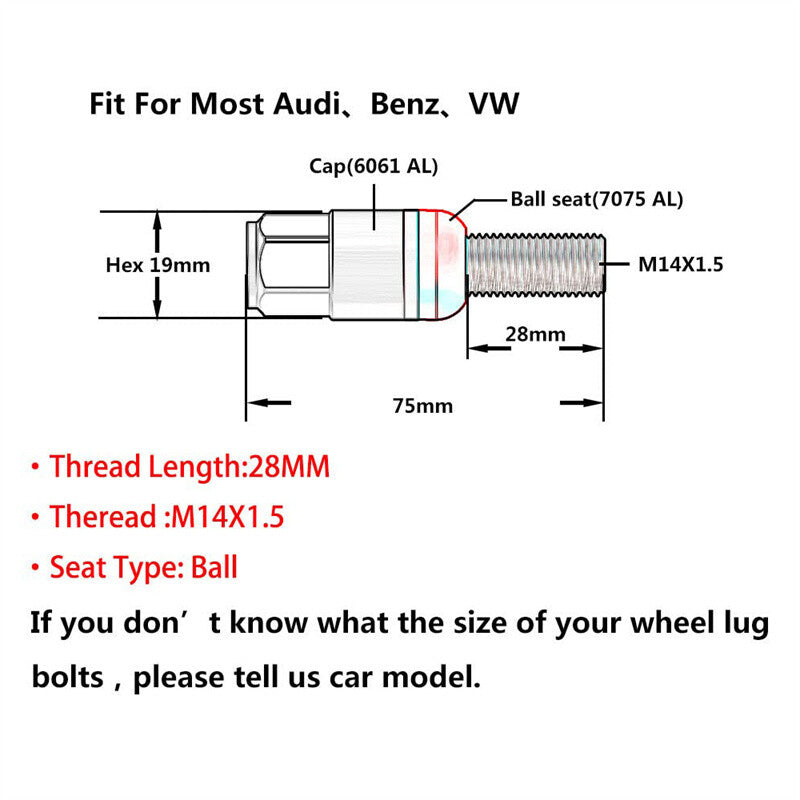 20-piece blue M14x1.5 wheel lug bolt ball for seat bolt set, 28mm shank, suitable for Audi , for Volkswagen , for Mercedes-Benz .