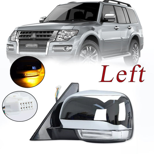 The left-side door mirror with light chrome trim is suitable for Mitsubishi Pajero Montero 2006 - 2021.